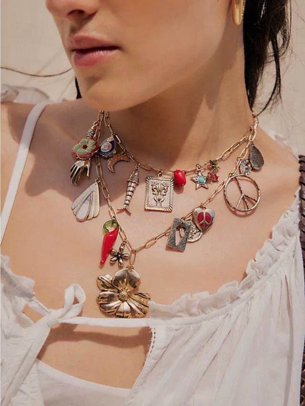 Free People Gold-Tone Layered Charm Necklace with Red & Green Accents